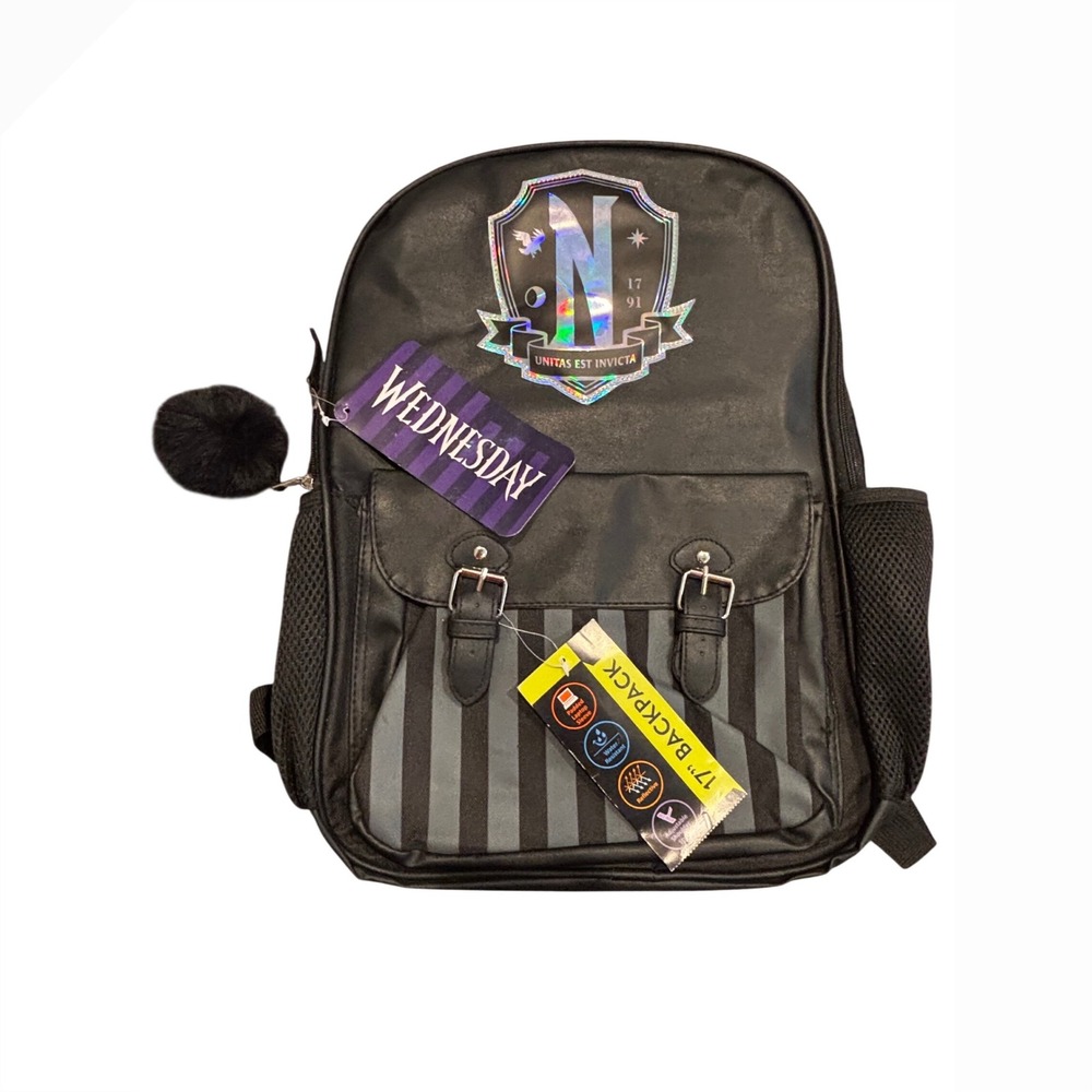 Wednesday Addams Nevermore Academy 17 Inch Backpack Black Holographic NWT